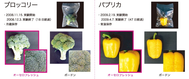 オーセロフレッシュ：鮮度保持テスト例（ブロッコリー・パプリカ）