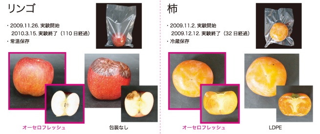 オーセロフレッシュ：鮮度保持テスト例（リンゴ・柿）